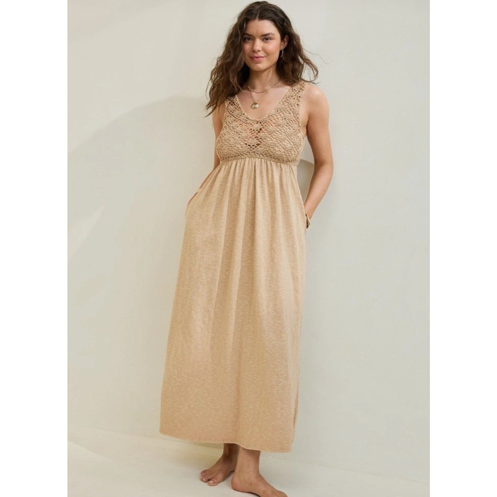 Aerie Crochet Maxi Dress Tan Boho Beach Cottage Sleeveless Pockets Size S